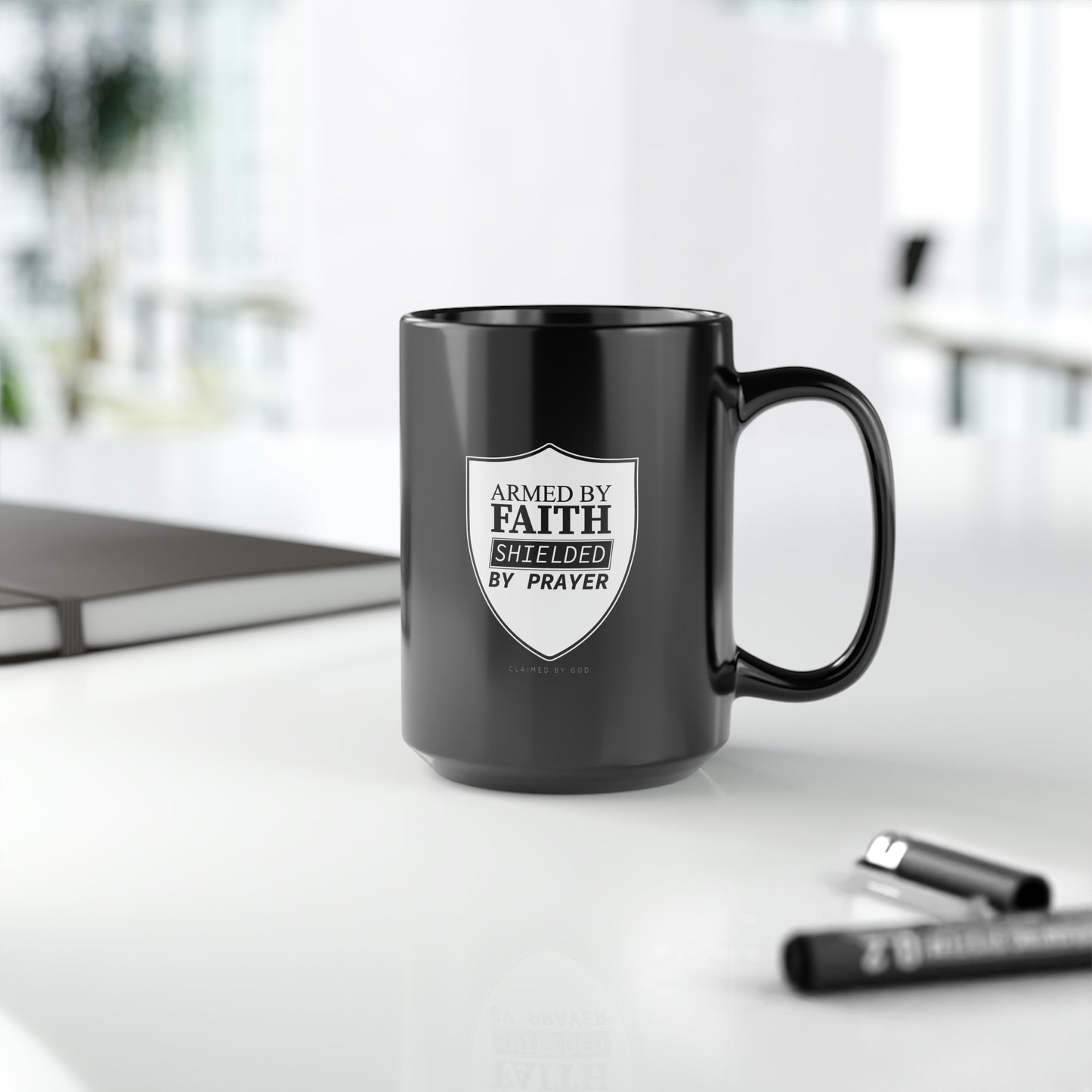 Armed By Faith Shielded By Prayer Christian Black Ceramic Mug, 15oz (double sided print) Printify