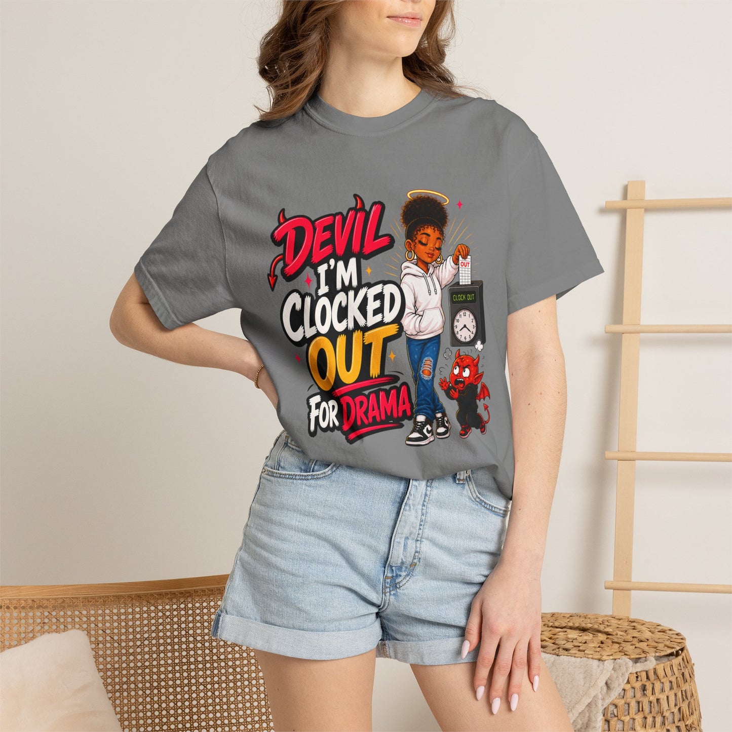 T-Shirt — "Devil I'm Clocked Out for Drama" Graphic Tee - ClaimedbyGodDesigns
