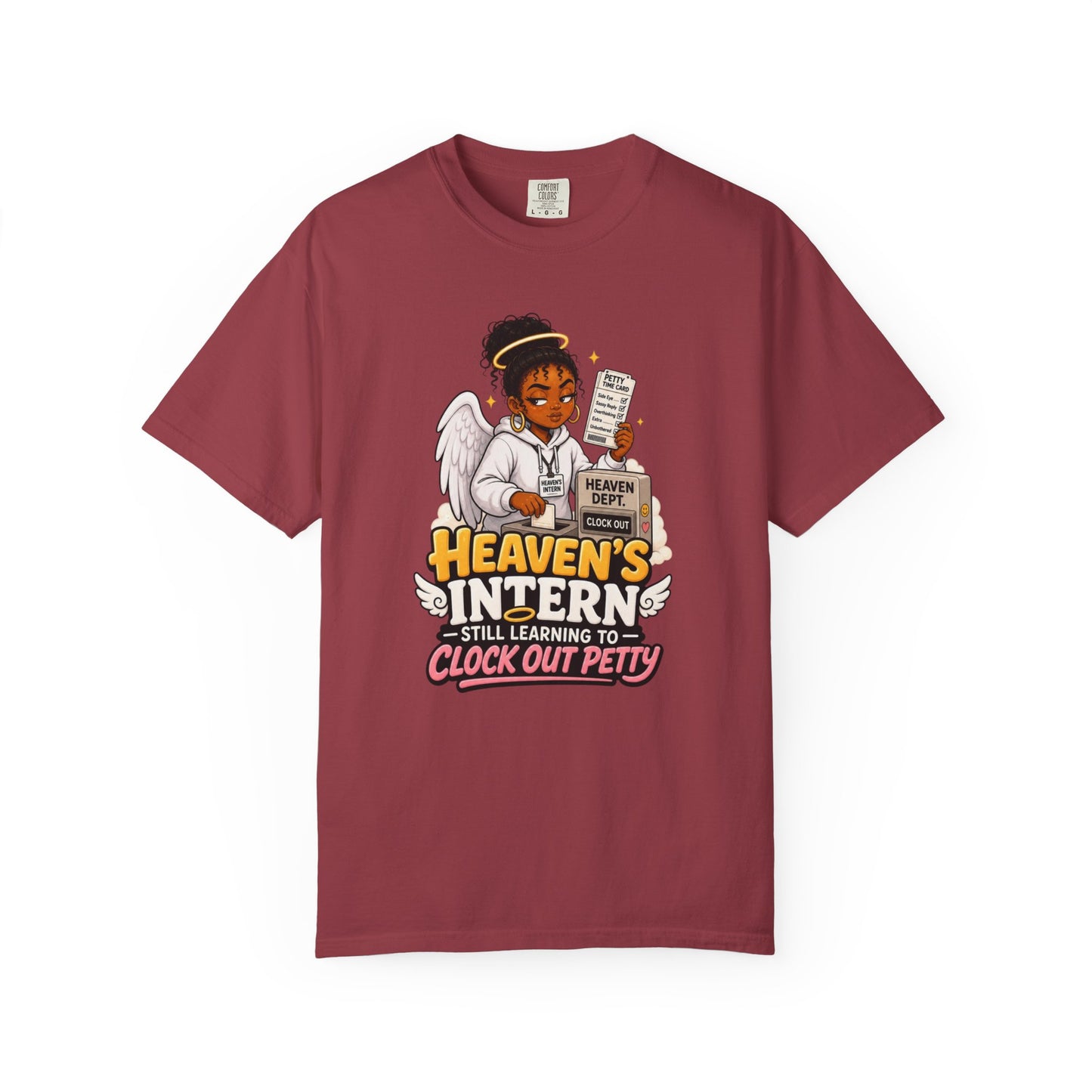 Heaven's Intern T-shirt – Funny Angel Nurse Tee ('Still Learning to Clock Out Petty') - ClaimedbyGodDesigns