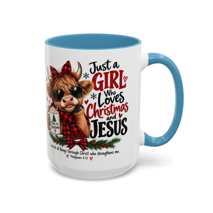 Just a Girl Who Loves Christmas and Jesus Highland Cow Coffee Mug