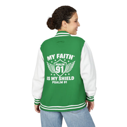 Letterman Jacket — “My Faith Is My Shield” 91 Vintage Varsity Jacket - ClaimedbyGodDesigns