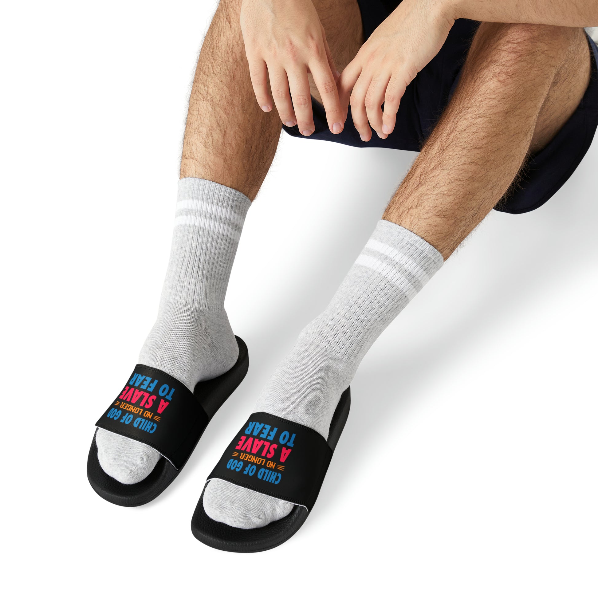 Child Of God No Longer A Slave To Fear Men's PU Christian Slide Sandals Printify