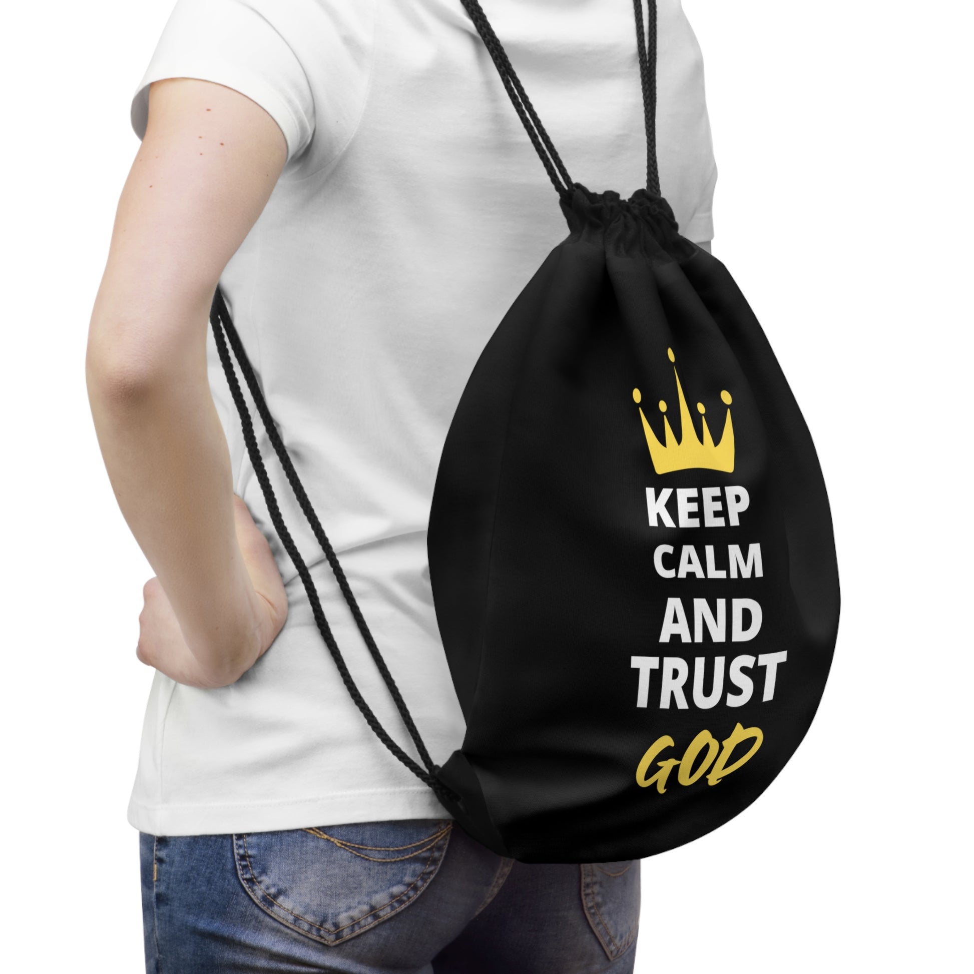 Keep Calm And Trust God Christian Drawstring Bag Printify