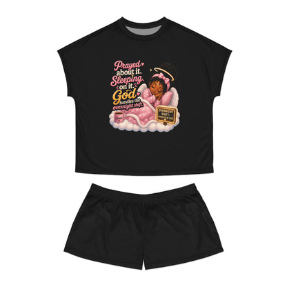 Christian Sleepwear Short Pajama Set — "Prayed About It, Sleeping On It, God Handles Overnight Shifts" - ClaimedbyGodDesigns