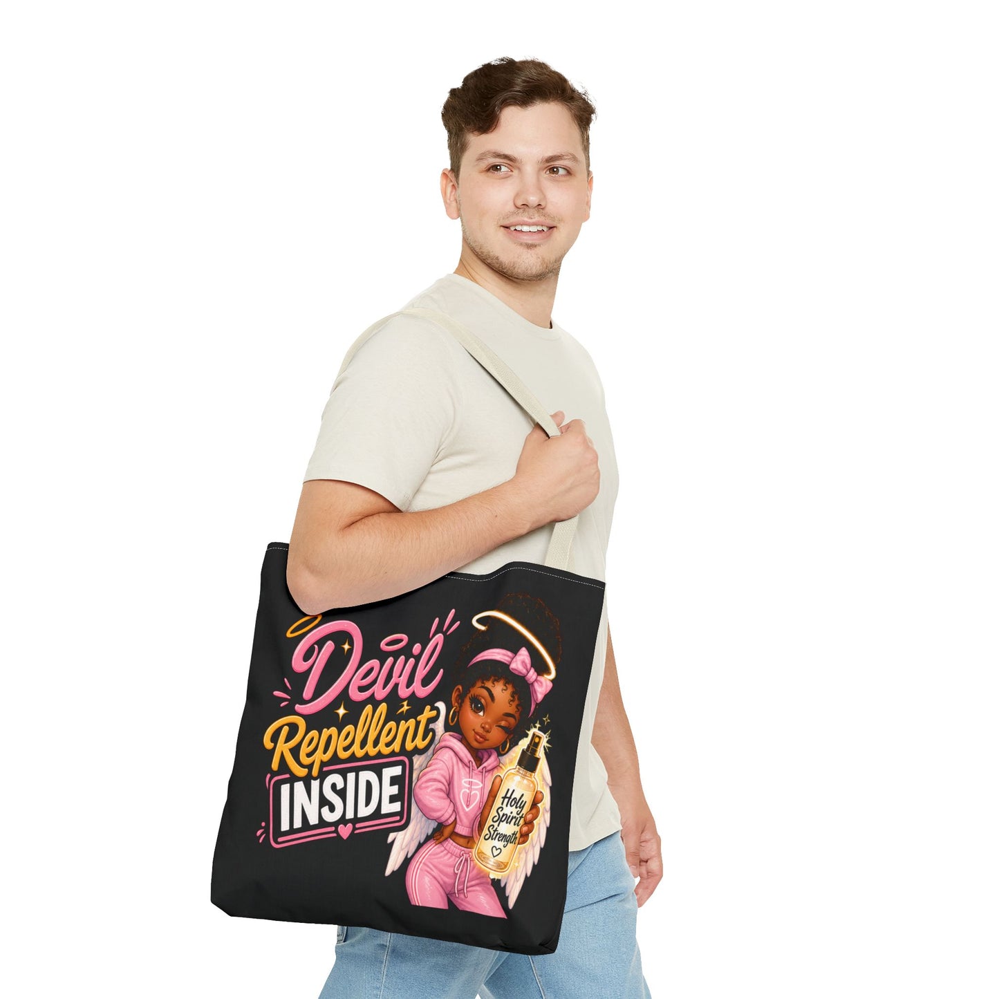 Tote Bag - "Devil Repellent Inside" Angel Girl Graphic Tote | Cute Protective Faith Gift - ClaimedbyGodDesigns