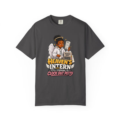 Heaven's Intern T-shirt – Funny Angel Nurse Tee ('Still Learning to Clock Out Petty')