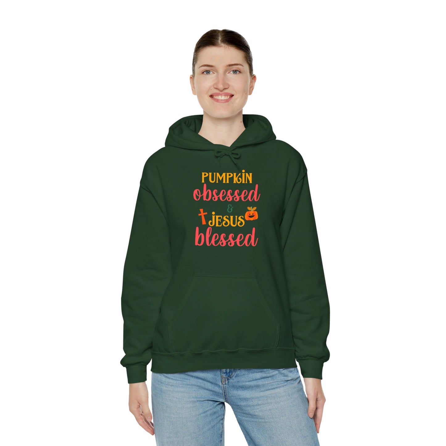 Pumpkin Obsessed And Jesus Blessed Halloween Unisex Christian Pullover Hooded Sweatshirt