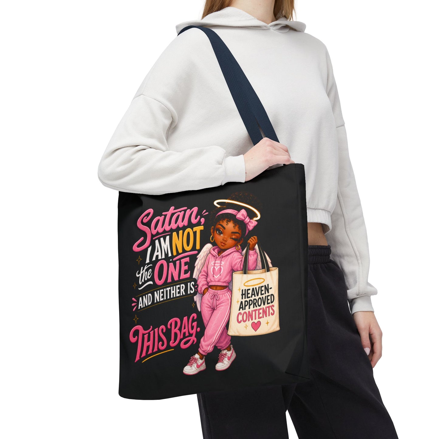 Tote Bag — "Satan I Am Not The One" Retro Angel Girl Tote (Heaven Approved Content) - ClaimedbyGodDesigns