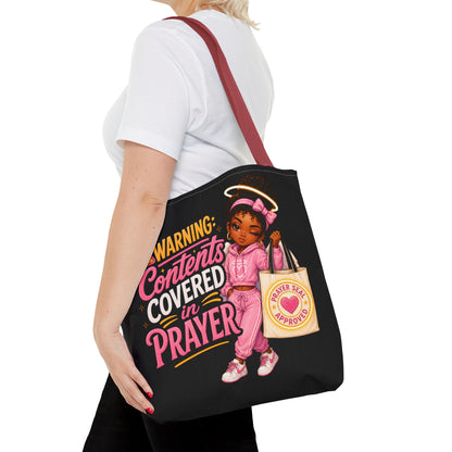 Tote Bag — "Warning: Contents Covered in Prayer" Pink Faith Tote - ClaimedbyGodDesigns