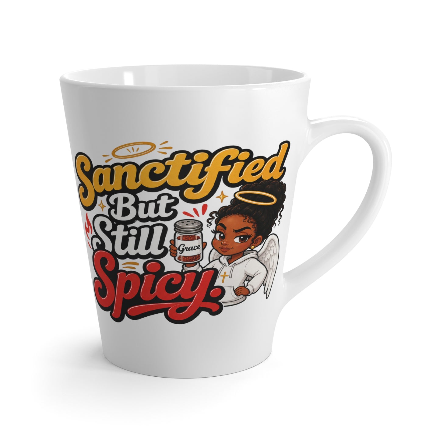 Latte Mug - "Sanctified But Still Spicy" Angel Illustration Coffee Cup - ClaimedbyGodDesigns