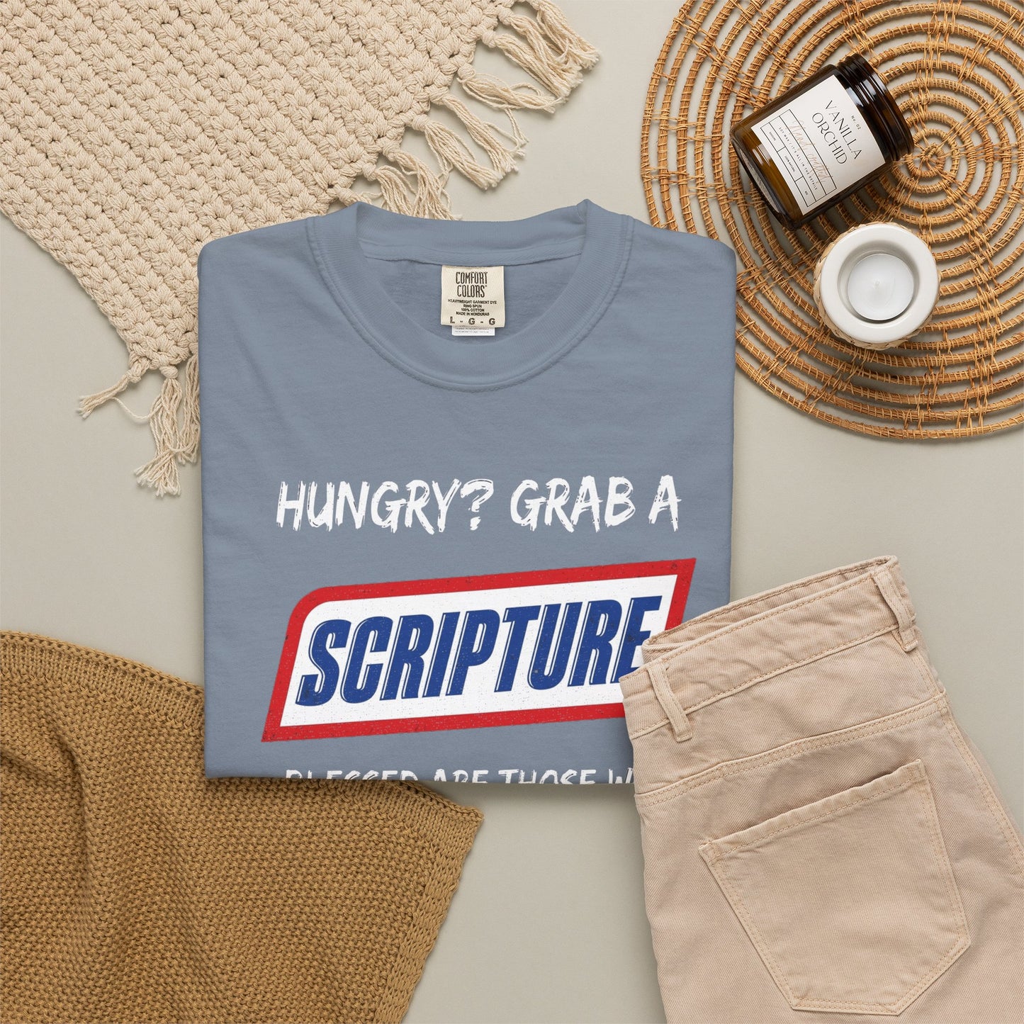 Scripture Snack T-Shirt — "Hungry? Grab a Scripture" Matthew 5:6 Christian Tee