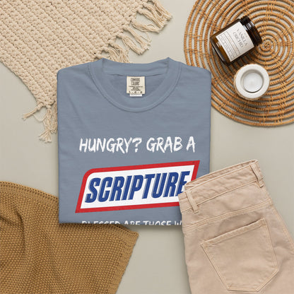 Scripture Snack T-Shirt — "Hungry? Grab a Scripture" Matthew 5:6 Christian Tee
