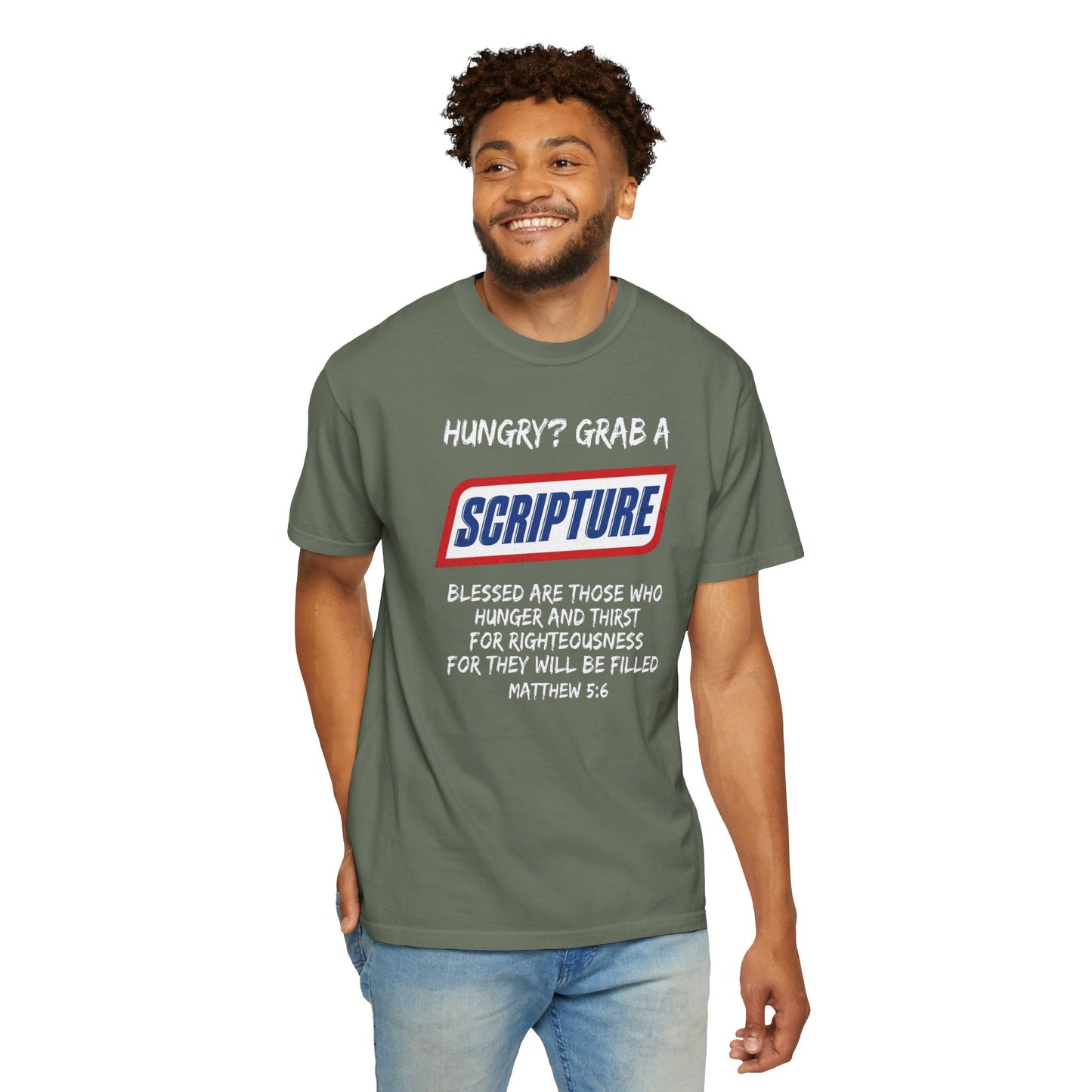 Scripture Snack T-Shirt — "Hungry? Grab a Scripture" Matthew 5:6 Christian Tee