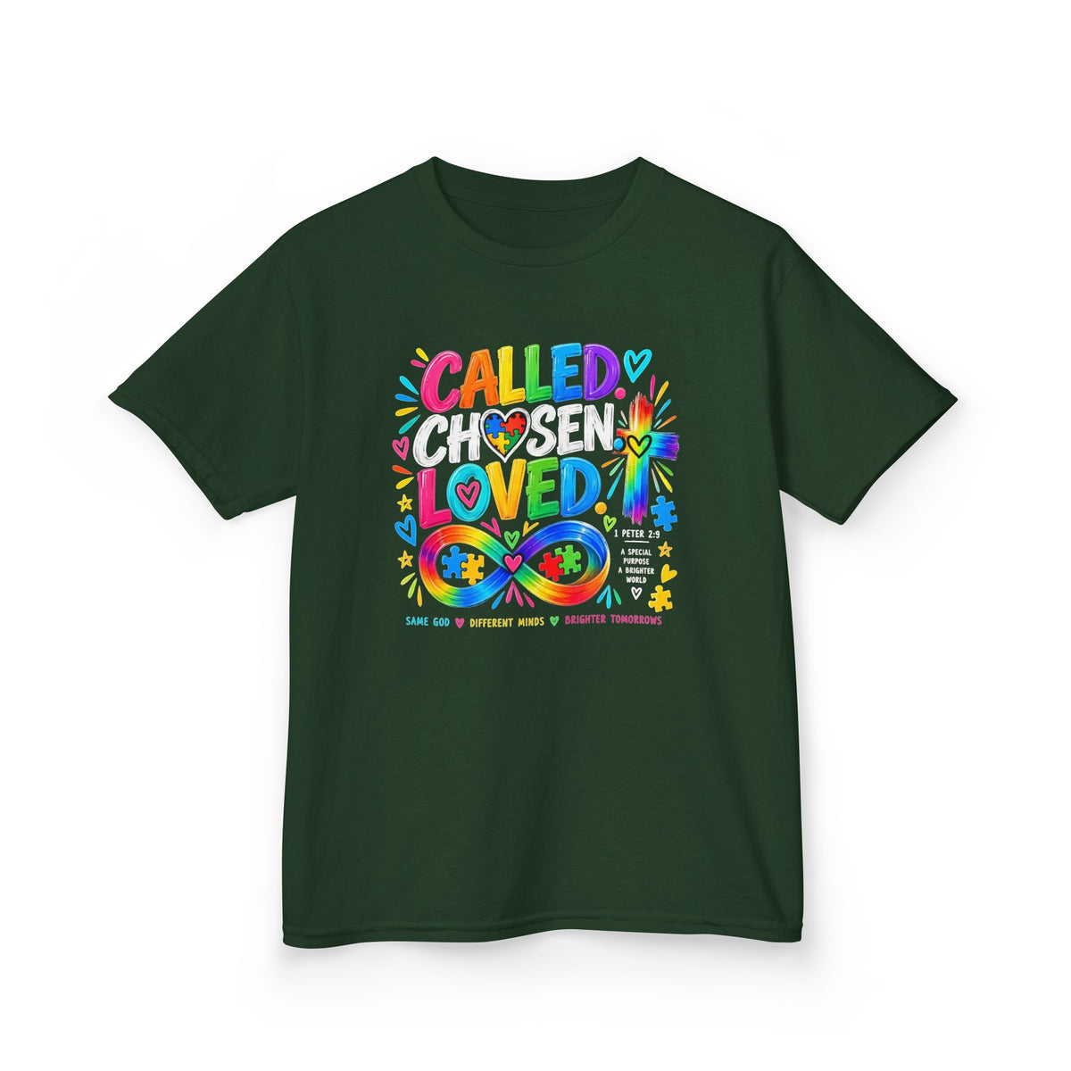 Youth Autism Awareness T-Shirt — "Called Chosen Loved" Colorful Faith Tee