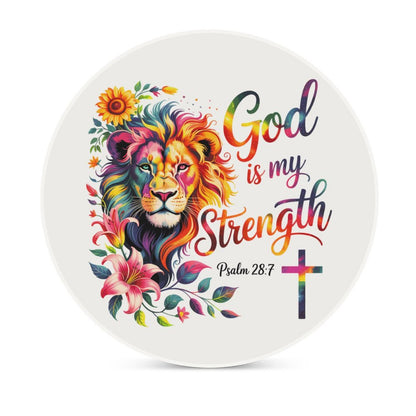 He Is My Strength Christian Round Ceramic Coaster - ClaimedbyGodDesigns