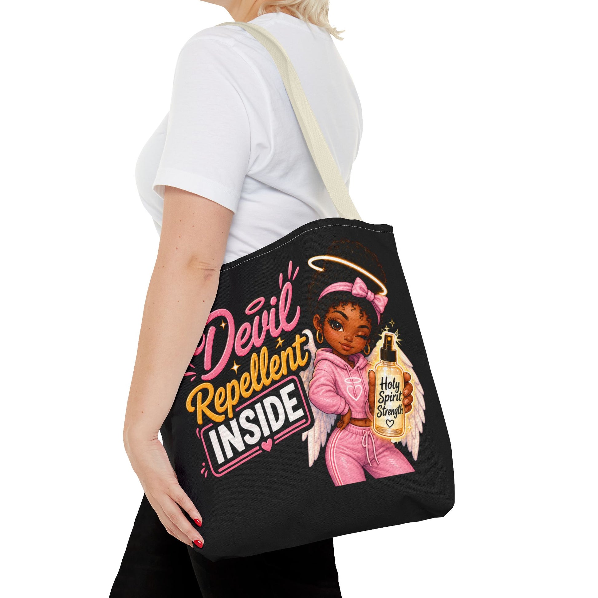 Tote Bag - "Devil Repellent Inside" Angel Girl Graphic Tote | Cute Protective Faith Gift - ClaimedbyGodDesigns
