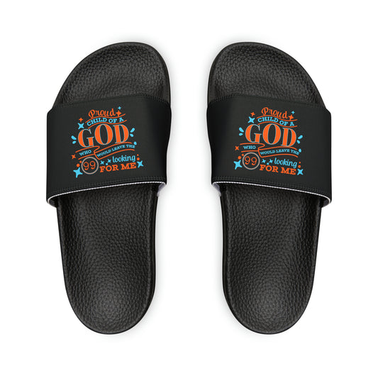 Proud Child Of A God Who Would Leave The 99 Looking For Me Women's PU Christian Slide Sandals Printify