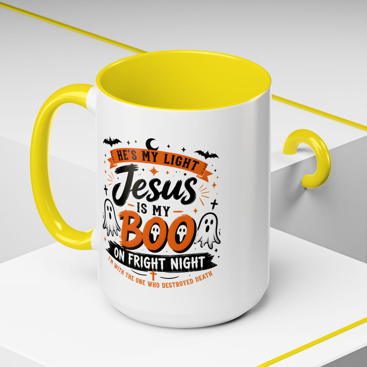 Christian Coffee Mug — "He's My Light, Jesus Is My Boo" Halloween Accent Mug