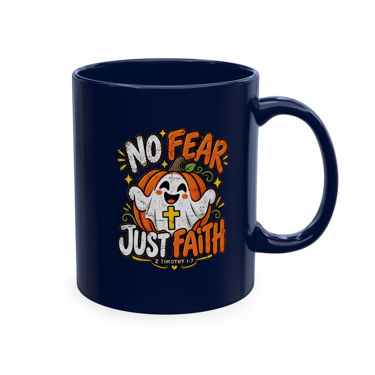 Halloween Ghost Christian Ceramic Mug — "No Fear, Just Faith" Pumpkin Coffee Cup