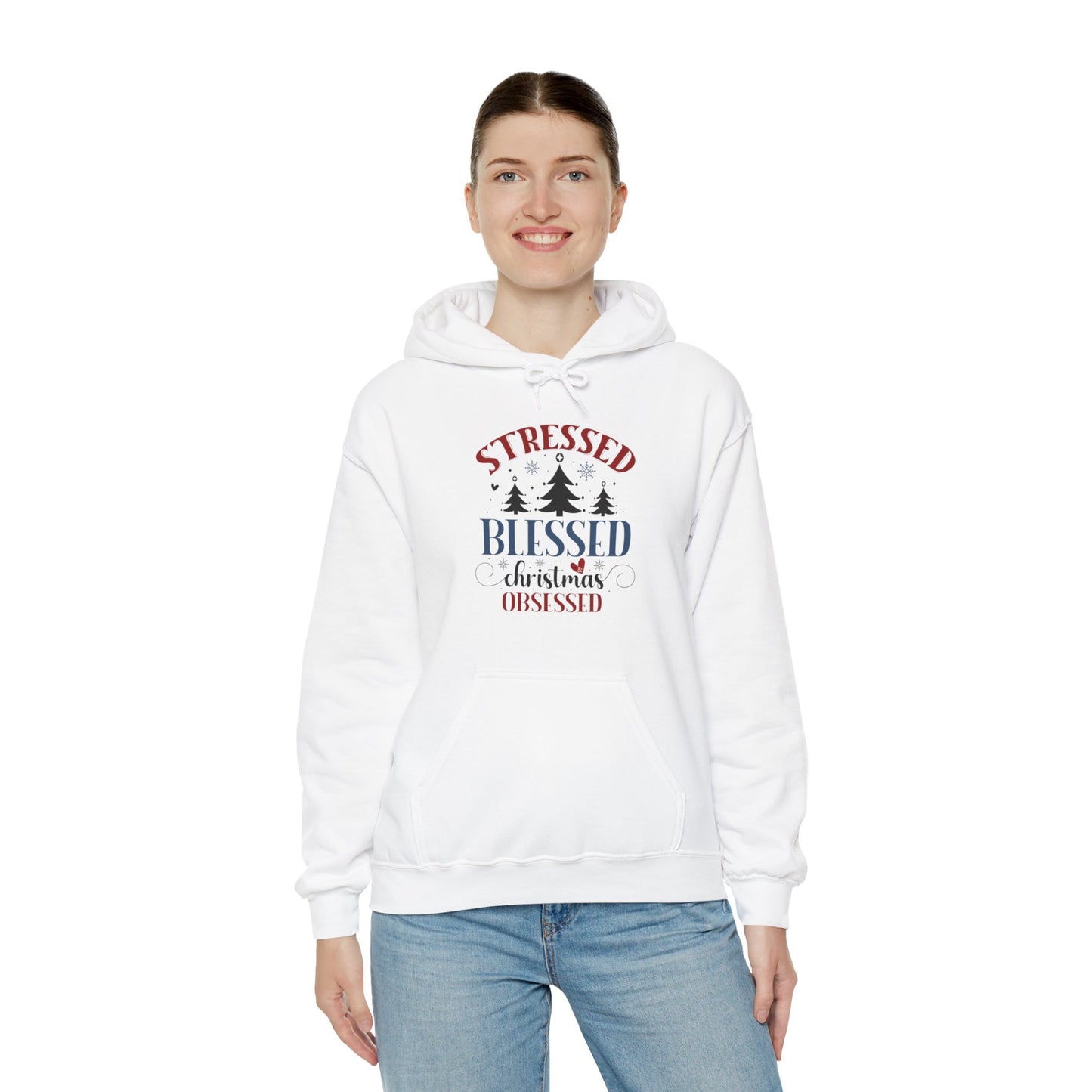 Stressed Blessed Christmas Obsessed Unisex Christian Hooded Pullover Sweatshirt