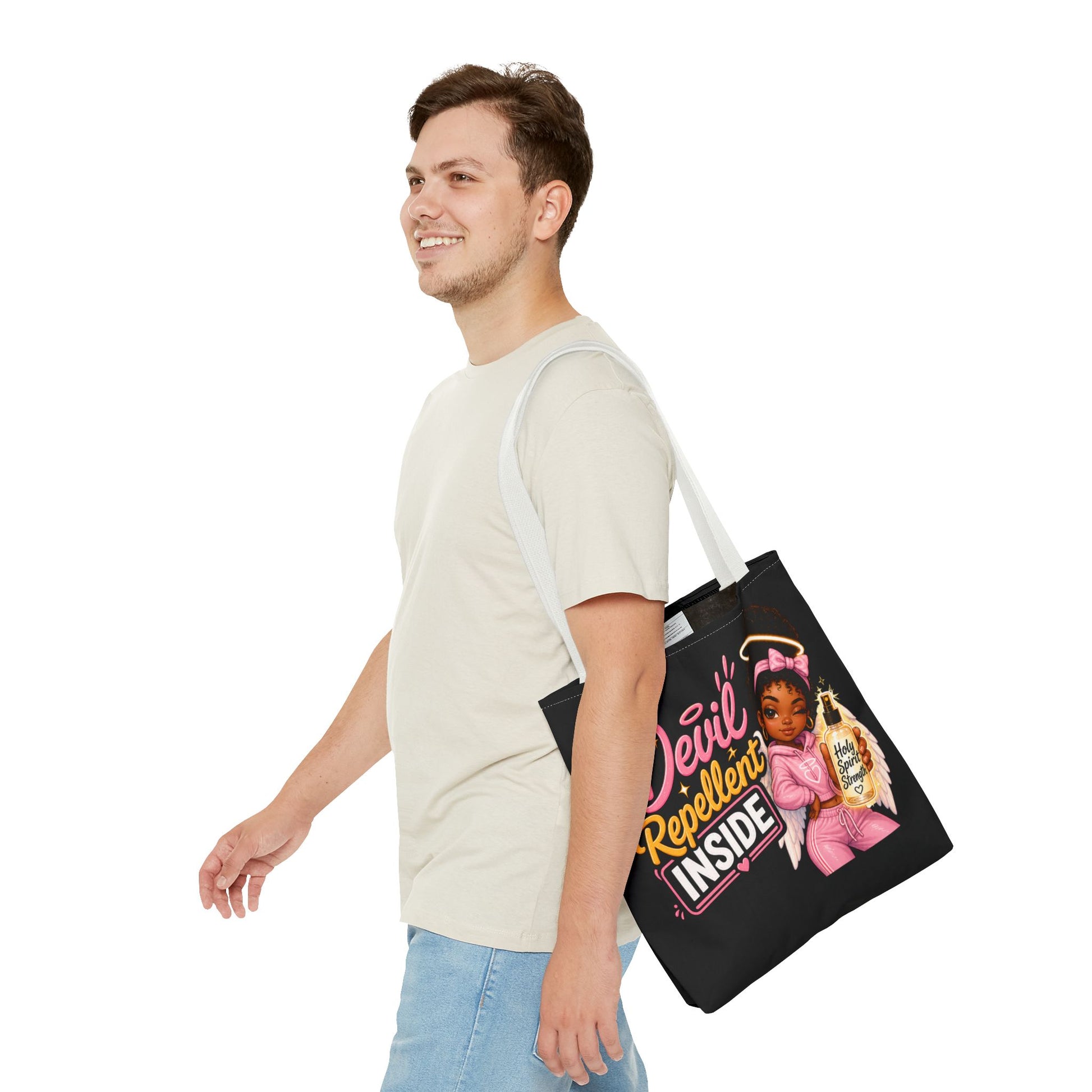 Tote Bag - "Devil Repellent Inside" Angel Girl Graphic Tote | Cute Protective Faith Gift - ClaimedbyGodDesigns
