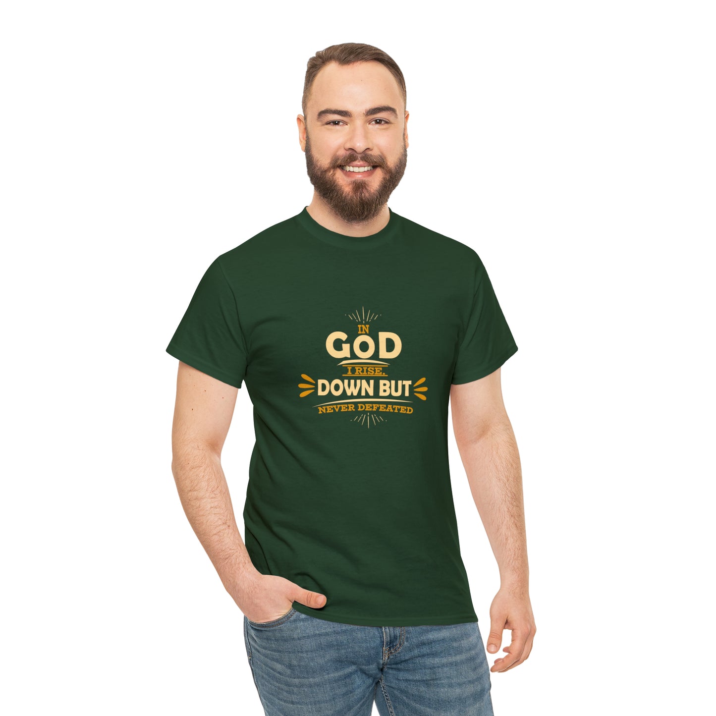 In God I Rise Down But Never Defeated  Unisex Heavy Cotton Tee