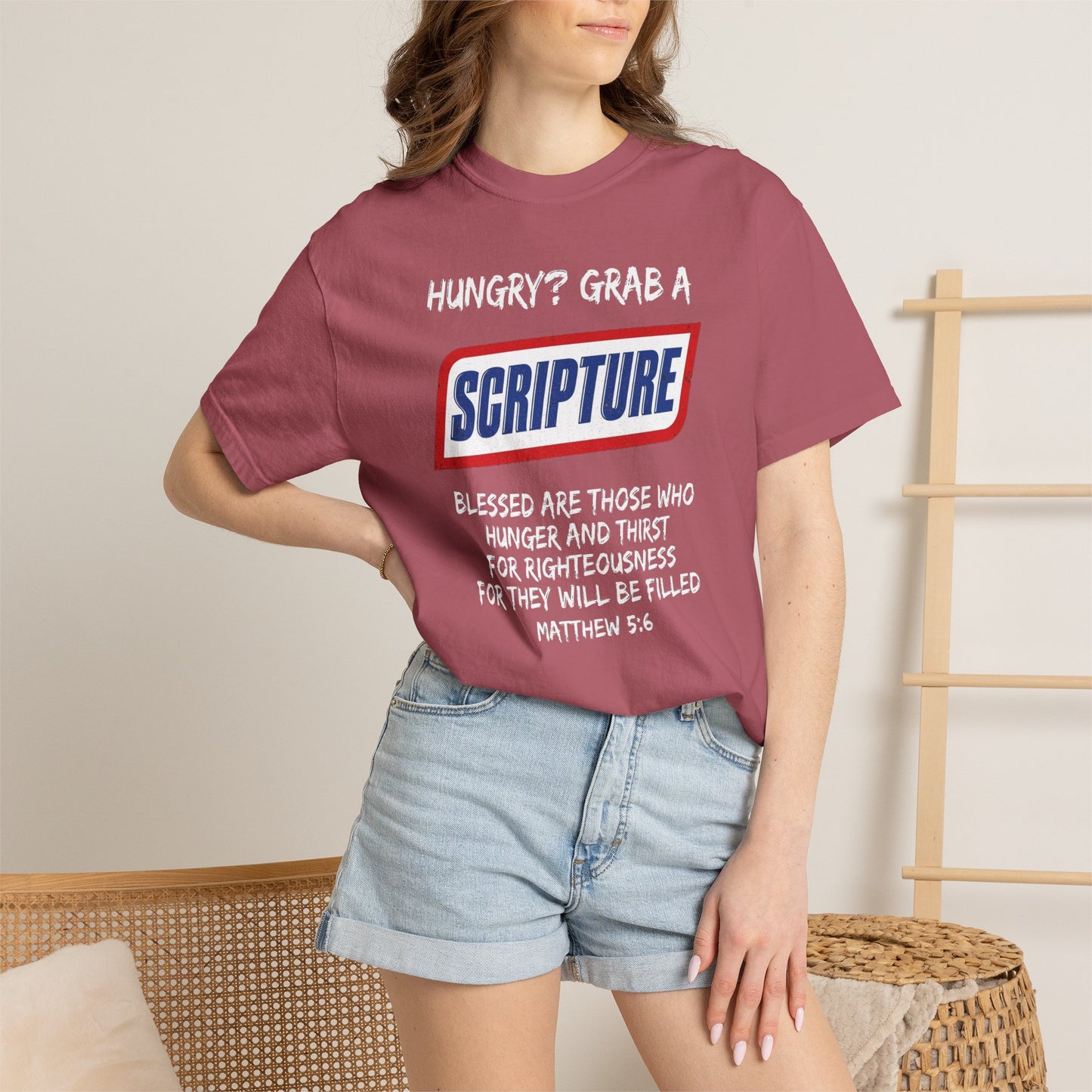 Scripture Snack T-Shirt — "Hungry? Grab a Scripture" Matthew 5:6 Christian Tee