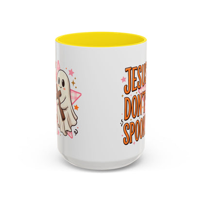 Accent Coffee Mug — "Jesus Don't Spook!" Cute Ghost Christian Coffee Mug (11/15oz)