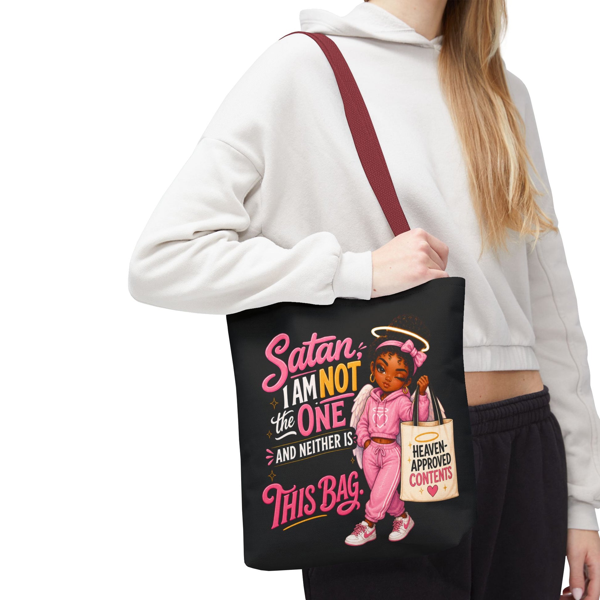 Tote Bag — "Satan I Am Not The One" Retro Angel Girl Tote (Heaven Approved Content) - ClaimedbyGodDesigns