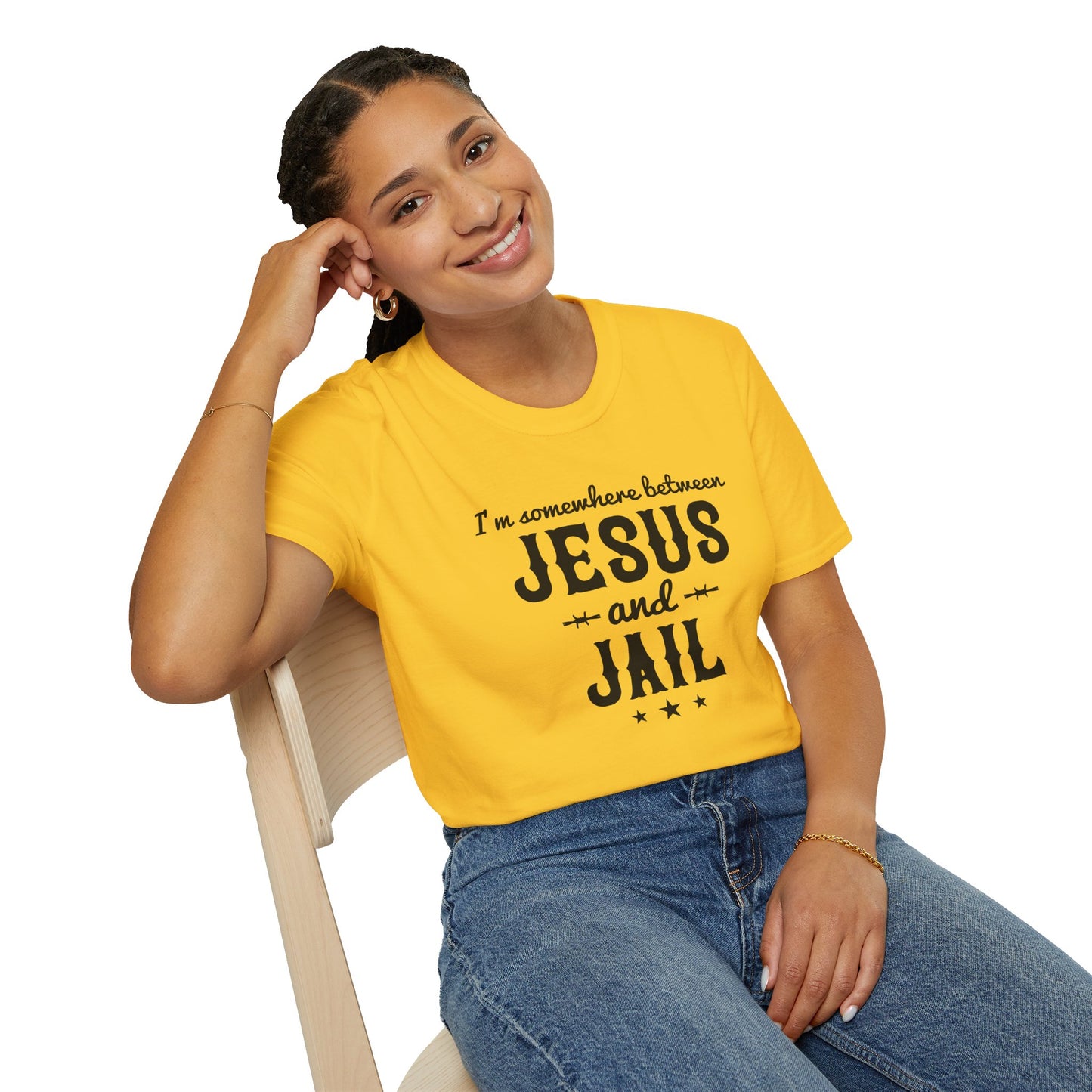 I'm Somewhere Between Jesus And Jail Funny Unisex Christian T-shirt