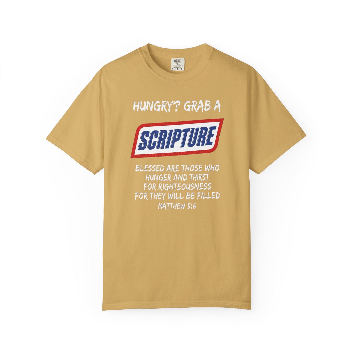 Scripture Snack T-Shirt — "Hungry? Grab a Scripture" Matthew 5:6 Christian Tee
