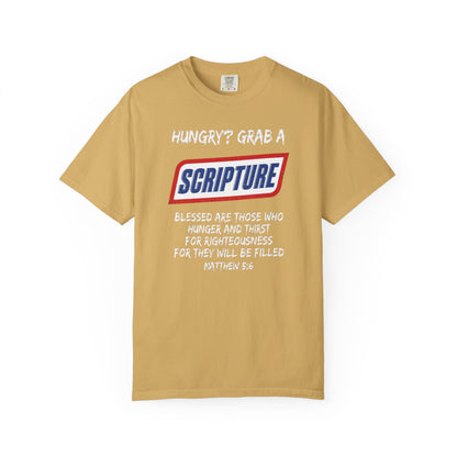 Scripture Snack T-Shirt — "Hungry? Grab a Scripture" Matthew 5:6 Christian Tee