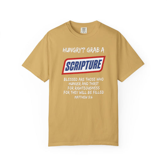 Scripture Snack T-Shirt — "Hungry? Grab a Scripture" Matthew 5:6 Christian Tee - ClaimedbyGodDesigns