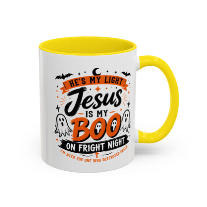 Christian Coffee Mug — "He's My Light, Jesus Is My Boo" Halloween Accent Mug