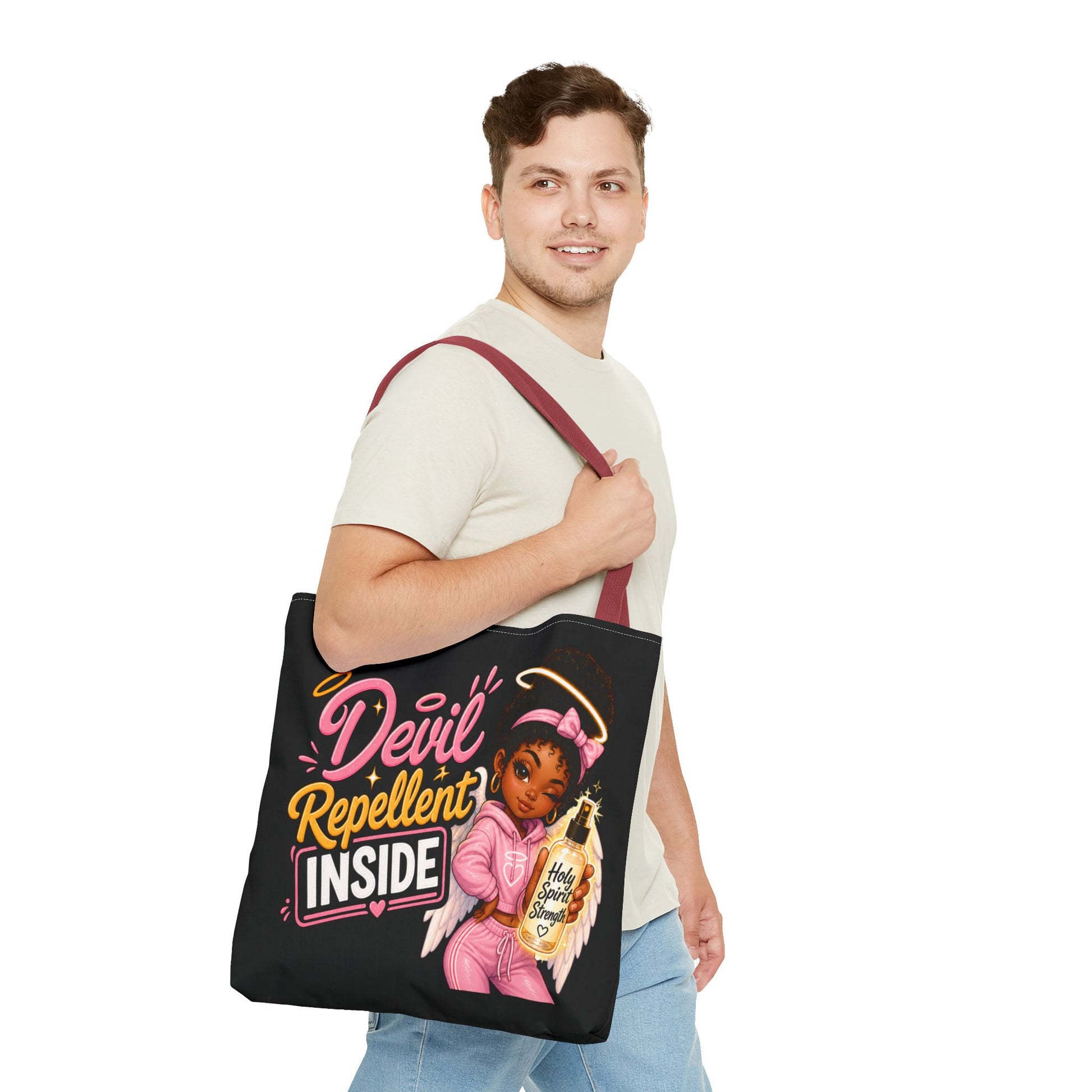 Tote Bag - "Devil Repellent Inside" Angel Girl Graphic Tote | Cute Protective Faith Gift - ClaimedbyGodDesigns
