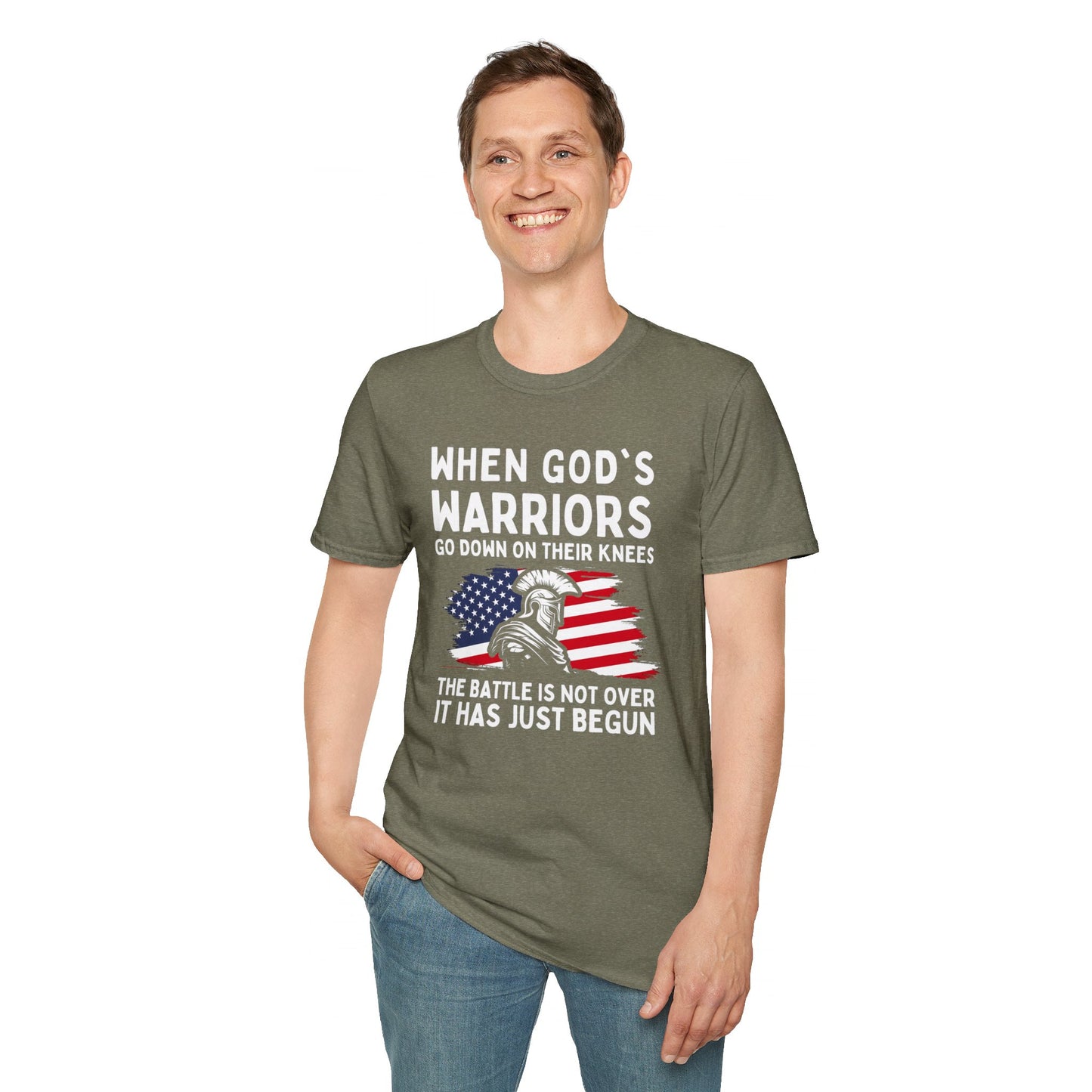 When God's Warriors Go Down On Their Knees The Battle Is Not Over Patriotic American Flag Christian Unisex T-shirt