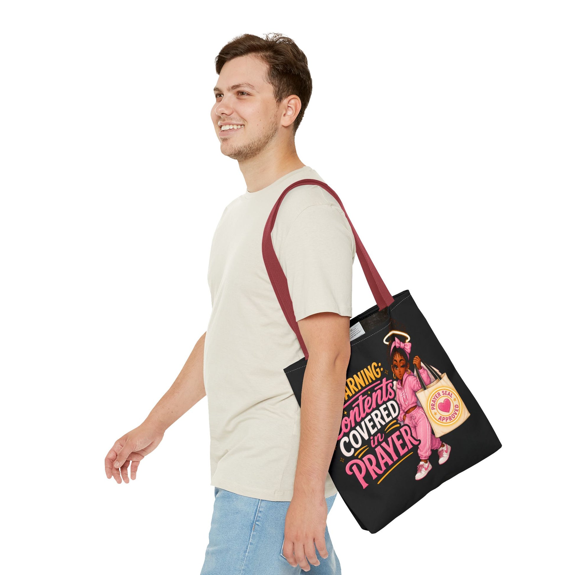Tote Bag — "Warning: Contents Covered in Prayer" Pink Faith Tote - ClaimedbyGodDesigns