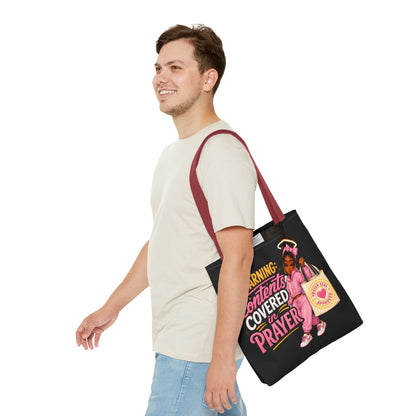 Tote Bag — "Warning: Contents Covered in Prayer" Pink Faith Tote - ClaimedbyGodDesigns