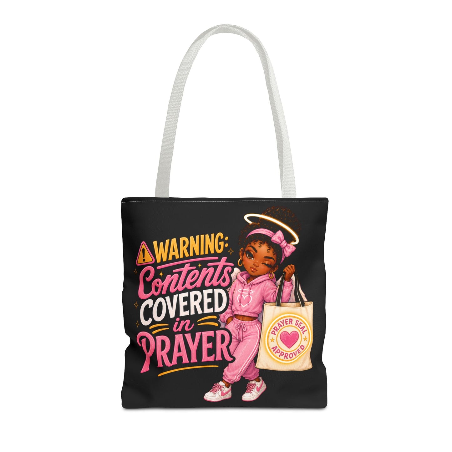 Tote Bag — "Warning: Contents Covered in Prayer" Pink Faith Tote - ClaimedbyGodDesigns