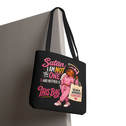 Tote Bag — "Satan I Am Not The One" Retro Angel Girl Tote (Heaven Approved Content) - ClaimedbyGodDesigns