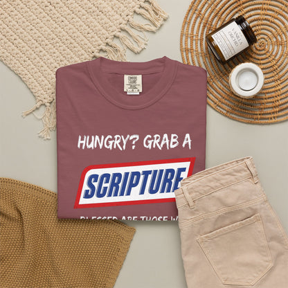Scripture Snack T-Shirt — "Hungry? Grab a Scripture" Matthew 5:6 Christian Tee