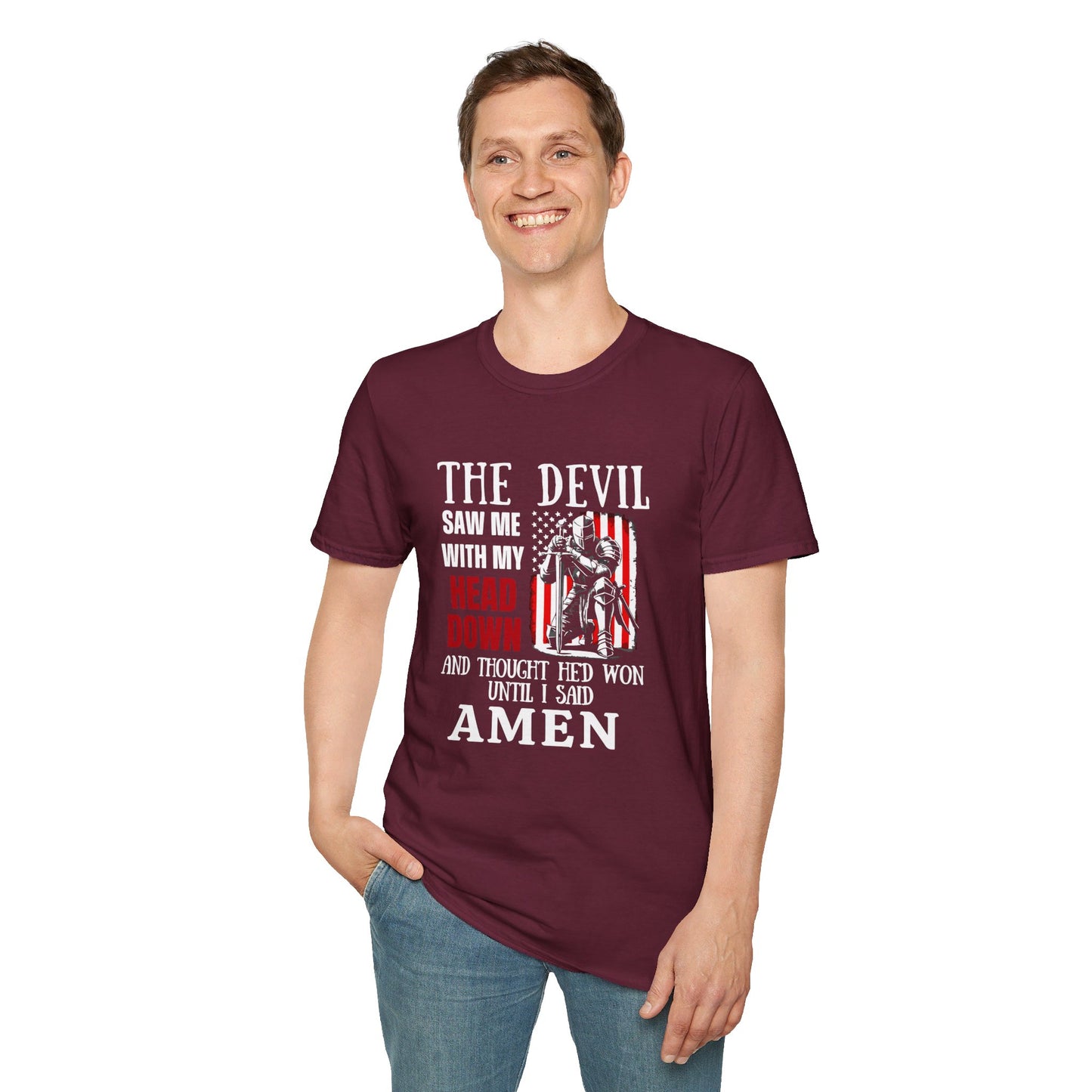 The Devil Saw Me With My Head Down And Thought He'd Won Until I Said Amen American Patriotic Flag Unisex Christian T-shirt