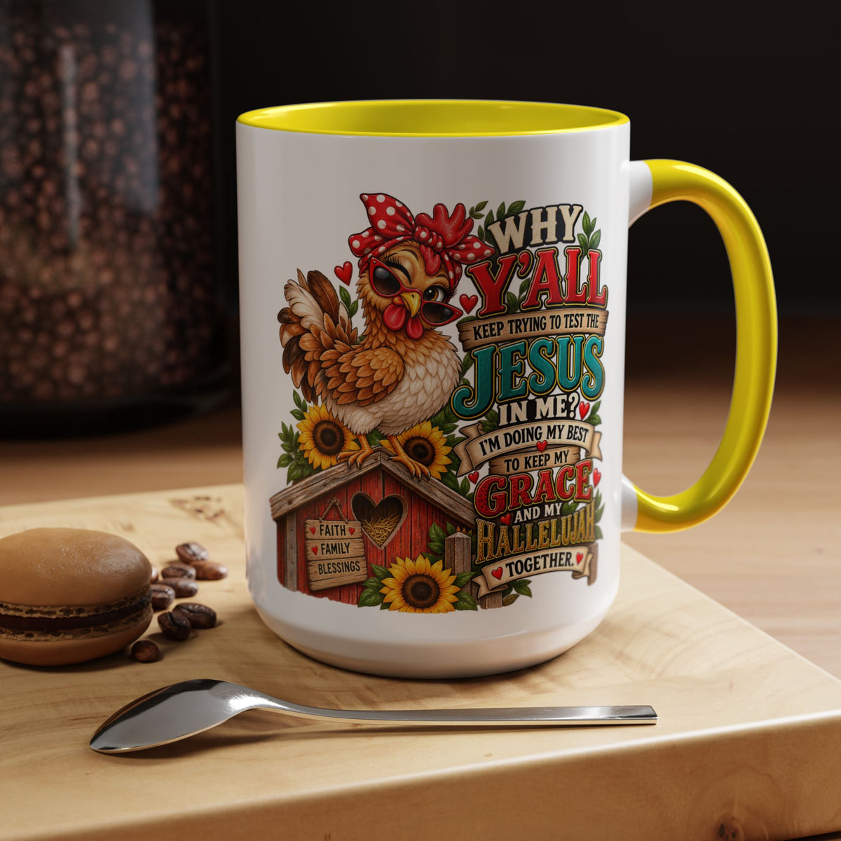 Christian Farmhouse Coffee Mug — "Why Y'all Keep Trying to Put Jesus in Me?" Accent Mug
