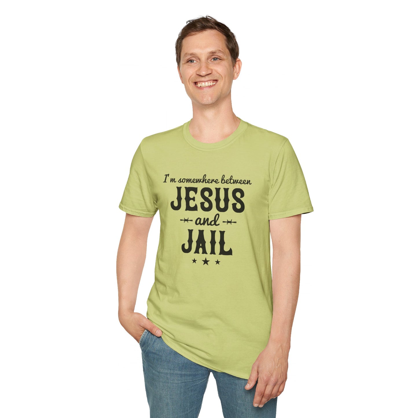 I'm Somewhere Between Jesus And Jail Funny Unisex Christian T-shirt