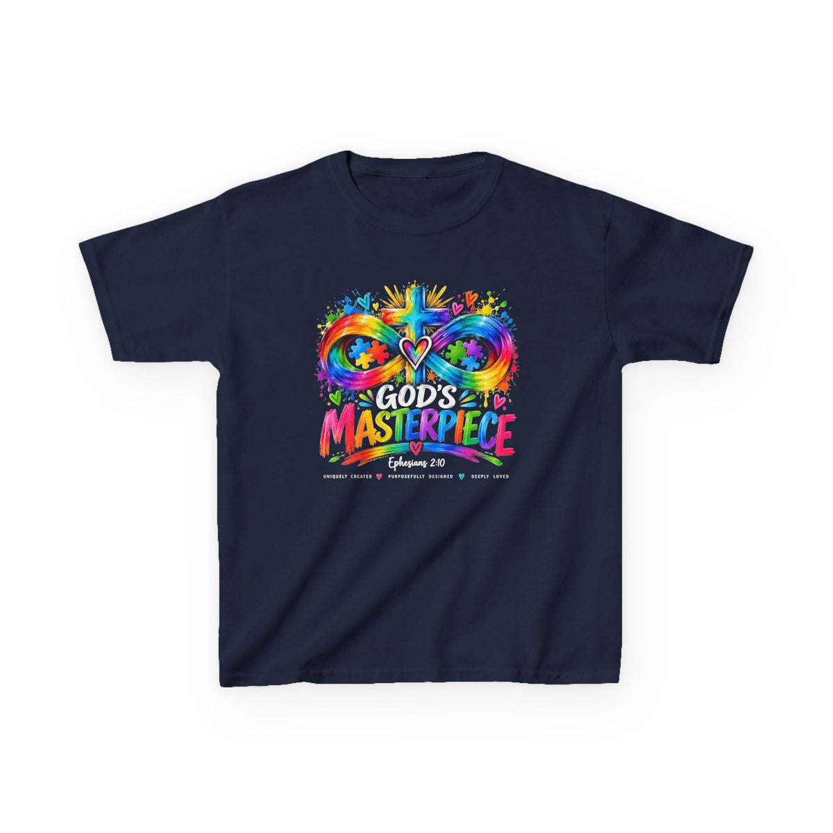 Youth Autism Awareness T-Shirt — "God's Masterpiece" Colorful Heart & Infinity Tee