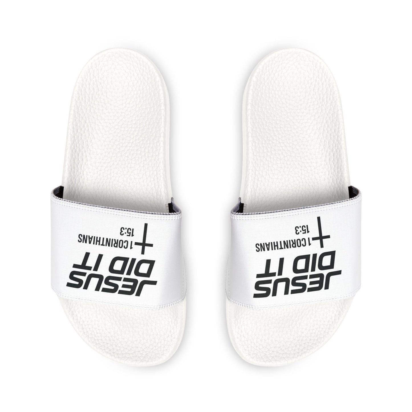 He Did It Women's Christian Slide Sandals — Christian Scripture 1 Corinthians 15:3 Pool Slides