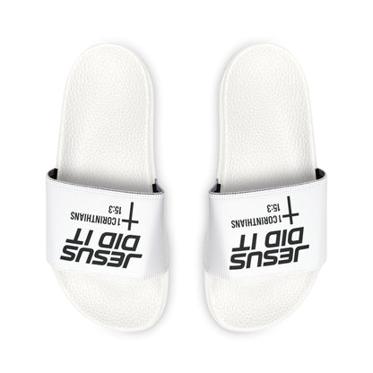 He Did It Women's Christian Slide Sandals — Christian Scripture 1 Corinthians 15:3 Pool Slides
