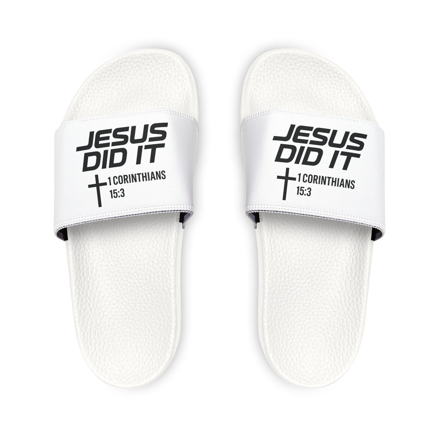 He Did It Men's Christian Slide Sandals — Christian Scripture 1 Corinthians 15:3 Pool Slides