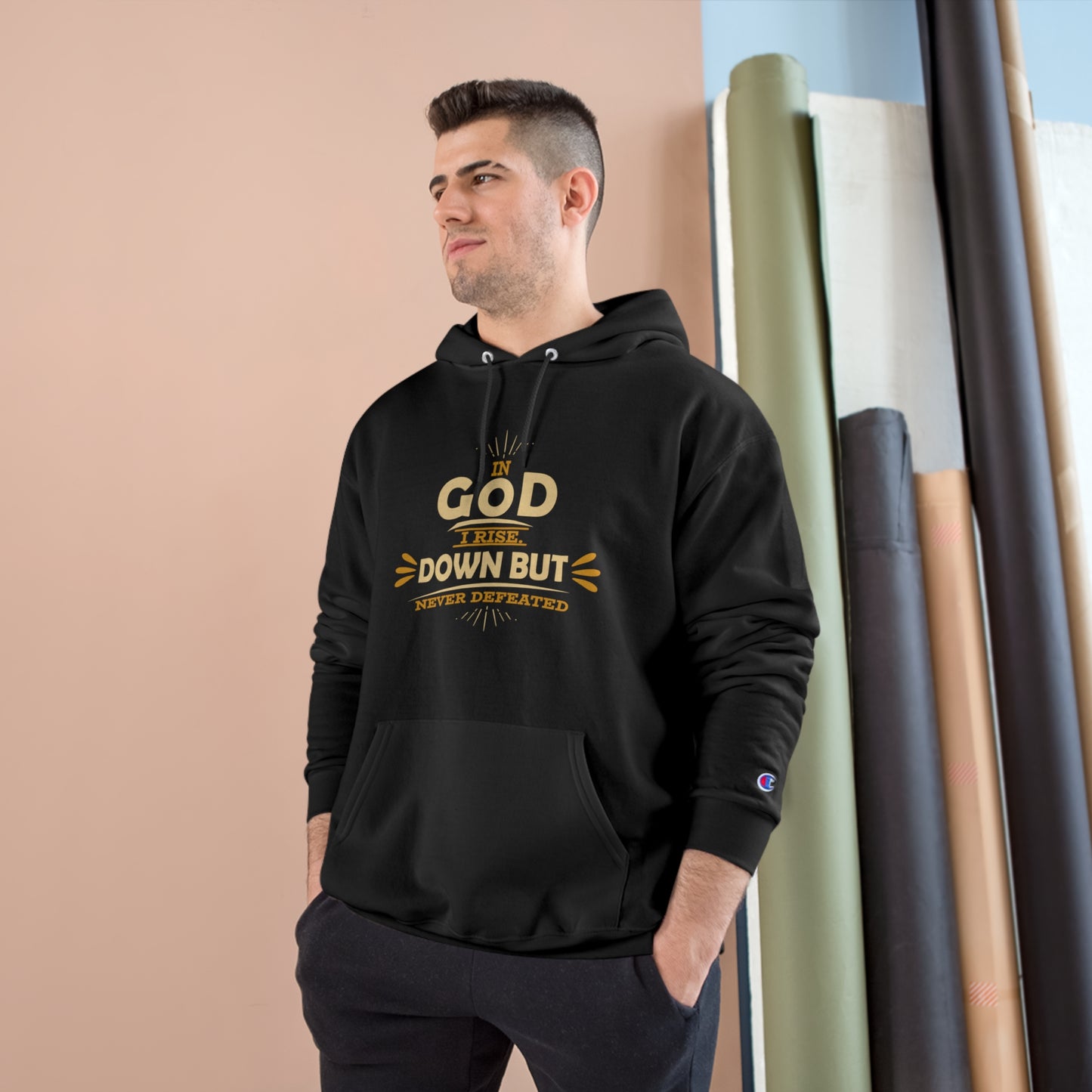In God I Rise Down But Never Defeated Unisex Champion Hoodie