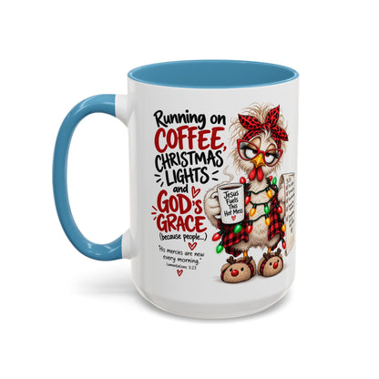 Running on Coffee, Christmas Lights and God’s Grace Christmas Mug